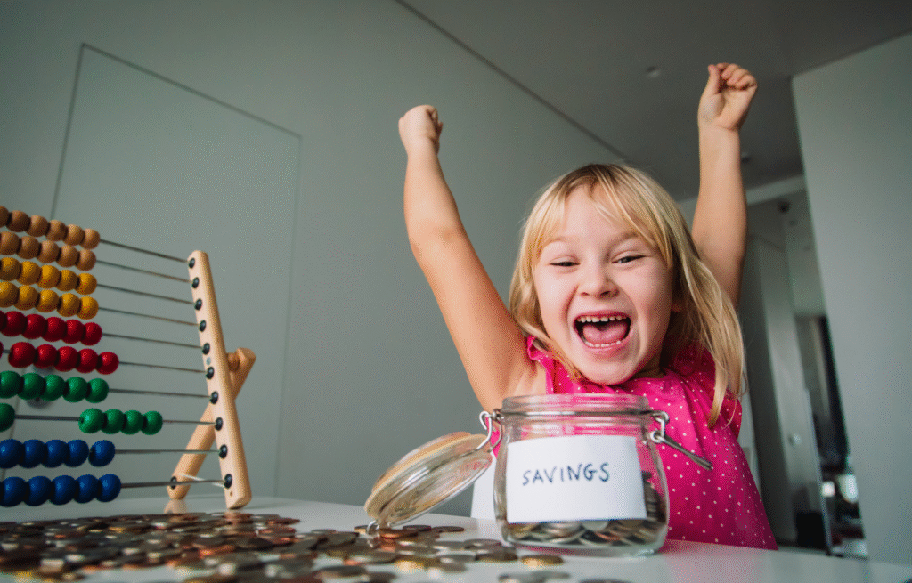 Happy young girl celebrating with raised fists next to savings jar filled with coins and colorful abacus to teach kids about saving money